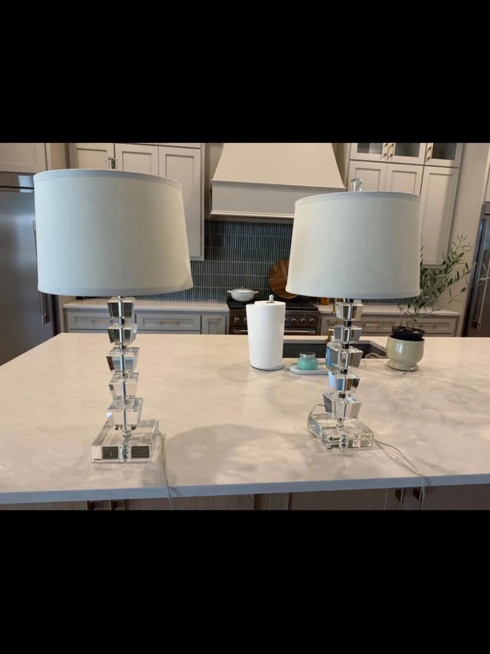 Robert Abbey Crystal Stack Table Lamp Pair with White Shades